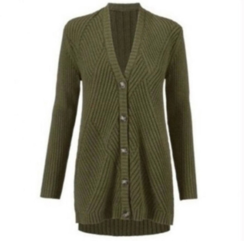 Cabi Aerial Cardigan Sweater Cable Knit Ribbed Diamond Pattern Cotton Green S